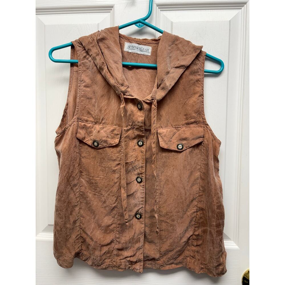 Action Wear USA Vintage Sleeveless Hoodie Vest Sueded Rayon Brown Utility Size L